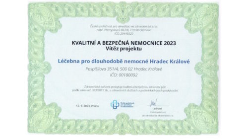 Léčebna pro dlouhodobě nemocné Hradec Králové získala ocenění za vysokou kvalitu zdravotní péče i řízení